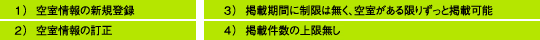 1)空室情報の新規登録　2)空室情報の訂正　3)掲載期間に制限は無く、空室がある限りずっと掲載可能　4)掲載件数の上限無し